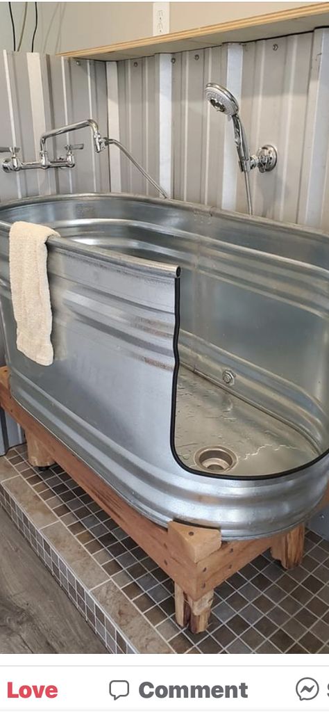 Stock Tank Dog Wash, Diy Stock Tank Bathtub, Dog Baths, Water Trough Dog Bath, Metal Bathtub, Stock Tank Bathtub Diy, Cow Trough Bathtub, Water Trough Bathtub, Homemade Dog Bath Tub