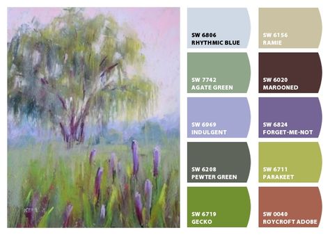 "Willow Tree" Color Palette Inspiration Chip It! by Sherwin-Williams – Home Paint Willow Tree, Willow Tree Color Palette, How To Paint A Weeping Willow Tree, Purple And Green Paint Palette, Weeping Willow Tree Watercolor, Tree Tattoo Drawings, Oak Tree Wedding, Small Palm Trees, Family Tree Poster