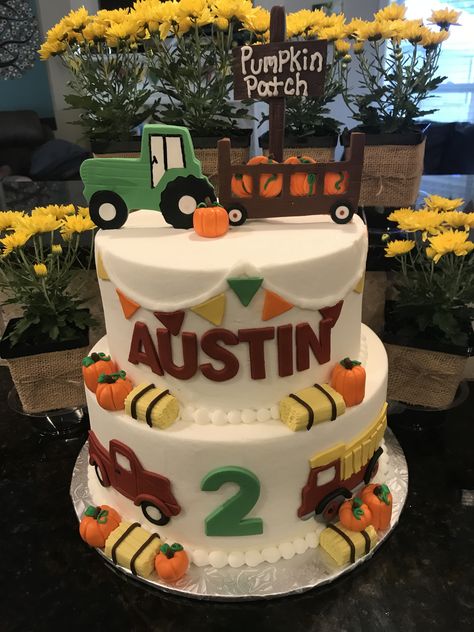 Fall pumpkin boy toddler birthday cake tractors trucks Fall Farm Birthday Cake, Pumpkin 2nd Birthday Party Boy, Fall Birthday Party Ideas For Baby Boy, Fall Theme First Birthday Boy, First Birthday Boy October, Thanksgiving Birthday Party Boy, November 1st Birthday Boy, Pumpkin Birthday Party Boy, Fall First Birthday Cake