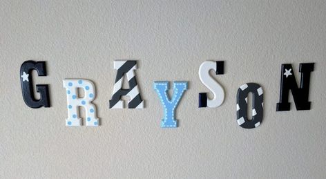 Name on Nursery Wall for Baby Boy: DIY Painted Wooden Letters Name On Nursery Wall, Diy Nursery Letters, Painted Letters Diy, Wooden Letter Painting Ideas, Wood Letters Decorated, Painted Wooden Letters, Nursery Name Decor, Baby Name Letters, Nursery Interior Design