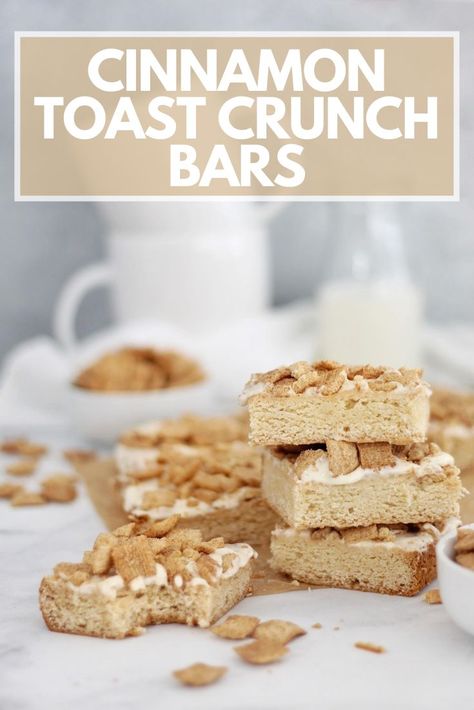 Cinnamon Toast Crunch was definitely one of my favorite cereals growing up. It always made me feel like I was eating dessert for breakfast. Cinnamon Toast Crunch Bars, Cinnamon Bars, Crunch Bars, Baked Caramel, Party Food Dessert, Crunch Cake, Crunch Bar, Cinnamon Recipes, Vanilla Cake Mixes