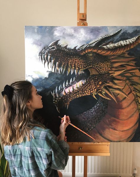 Dragon Painting Ideas, Dragons Painting, Creative Oil Painting, Painting Dragon, Dragon Painting, Helen Rose, Landscape Art Painting, Canvas Painting Designs, Watercolor Painting Techniques