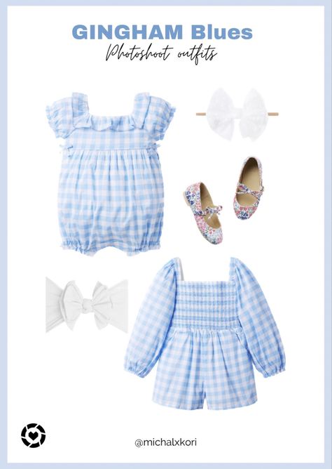 Baby and toddler rompers in baby blue gingham, floral bow flats and white bows. Smocked Romper, Easter Photoshoot, Sisters Photoshoot, Matching Outfit, Dress For Spring, Different Dresses, Easter Outfit, Spring Easter, Photoshoot Outfits