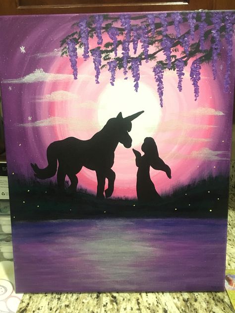 Unicorn Silhouette Painting, Unicorn Painting Canvas Easy, Easy Fairy Painting, Easy Unicorn Painting, Unicorn Painting Canvas, Unicorn Painting, Beauty Drawings, Fairy Paintings, Unicorn Wall Art