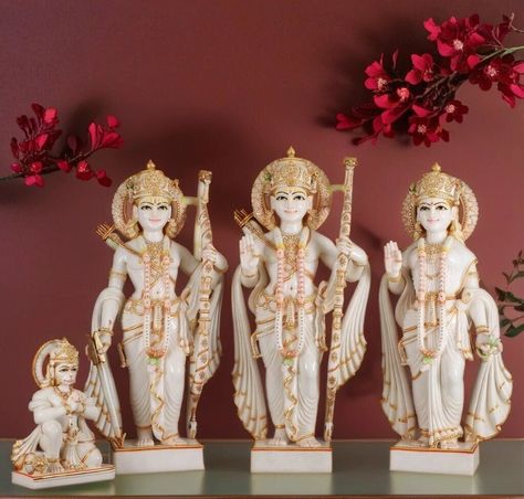 Ram Sita Idol, Mandir Outdoor, God Idols For Pooja Room, Sita And Hanuman, Hanuman Idol, Puja Mandir, Family Sculpture, Ram Ji, Pooja Mandir