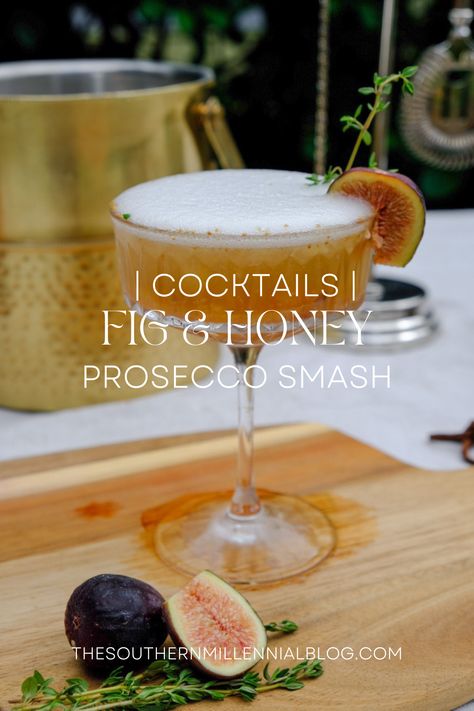 Fig And Honey Prosecco Smash, Fig Jam Cocktail, Pear Prosecco Cocktail, November Cocktail Recipes, Fall Prosecco Cocktails, Plum Cocktails, Holiday Champagne Cocktails, Prosecco Smash, Fig Cocktail