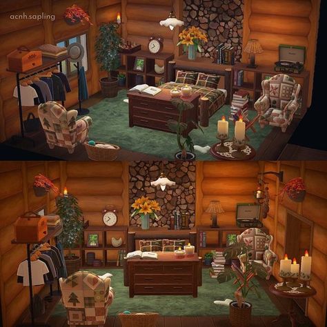 Acnh Mitzi Home, Cozy Bedroom Animal Crossing, Acnh Cabin House, Acnh Fall Room Ideas, Acnh Green Bedroom, Acnh Inn Ideas, Acnh Cabin Bedroom, Acnh Cosy Island, Acnh Villagers Interior