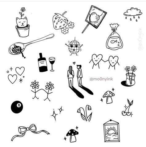 Cute Sticker Tattoos, Mini Doodle Tattoo, Tiny Cute Doodles, Doodle Style Tattoo, Happy Flower Tattoo, Origami Tattoo Ideas, Small Quirky Tattoos, Patchwork Tattoo Ideas Drawings, Matching But Different Tattoos