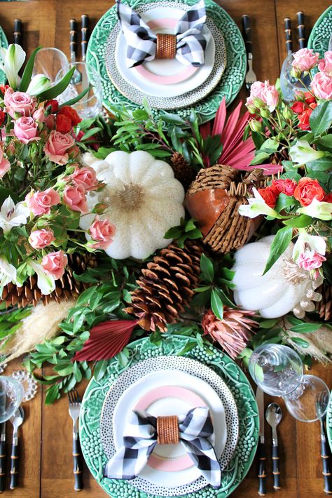 PAMPAS GRASS, FLORAL FANS, PUMPKIN AND PINE CONE THANKSGIVING TABLE | Dimples and Tangles Pink Thanksgiving Table, Sparkling Grape Juice, Dimples And Tangles, Pink Thanksgiving, Bamboo Flatware, Thanksgiving Table Setting, Gingham Napkins, Thanksgiving Tablescape, Metal Pumpkins