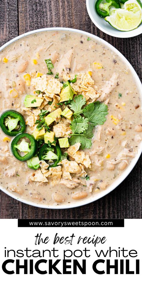 This quick and easy Instant Pot White Chicken Chili is the BEST chili recipe! It's made with tender pieces of shredded chicken, kernels of corn, and buttery white beans surrounded by a perfectly seasoned, rich, and creamy white broth. Best White Chicken Chili Recipe, Instant Pot White Chicken Chili, Chicken Chili Crockpot, White Bean Chili, White Chili Chicken Recipe, Chicken Easy, Chili Recipe Easy, Green Chiles, Chicken Chili Recipe