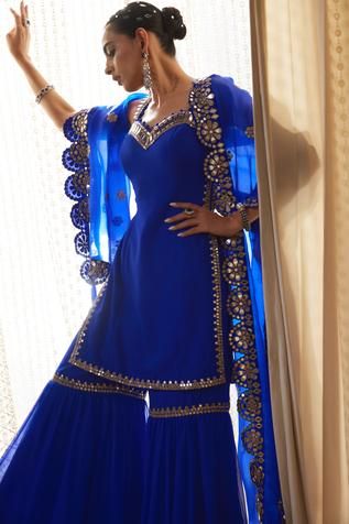 Shop for Vvani by Vani Vats Blue Georgette Straight Kurta Sharara Set for Women Online at Aza Fashions Royal Blue Indian Suit, Luxury Royal Blue Traditional Wear With Zari Weaving, Blue Suit Wedding Women, Blue Suits Women Indian, Royal Blue Sharara, Royal Blue Indian Outfit, Blue Sharara Suit, Blue Sharara, Vani Vats