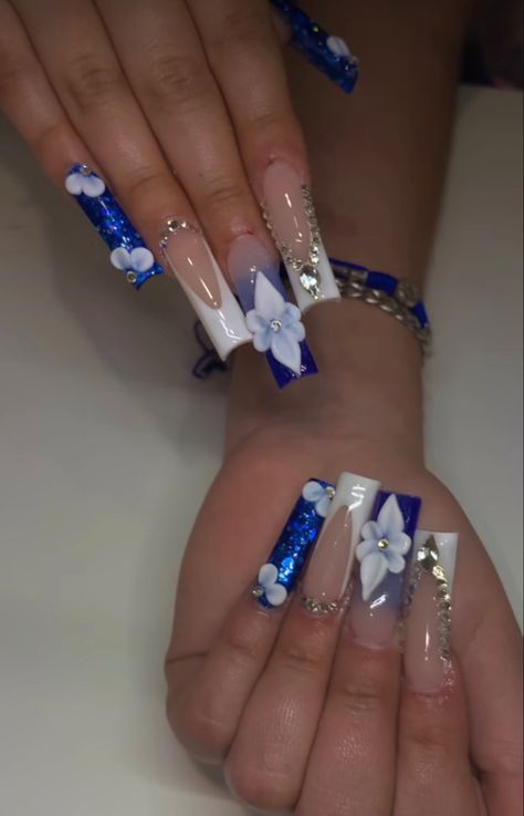 Dark Blue Nails For Quince, Royal Blue 3d Flower Nails, Dark Blue Nails With 3d Flowers, Royal Blue Acrylic Nails 3d Flower, Dark Blue Nails With Butterflies, Nail Poses, Prom Prep, Quinceñera Ideas, Black Acrylic Nail Designs