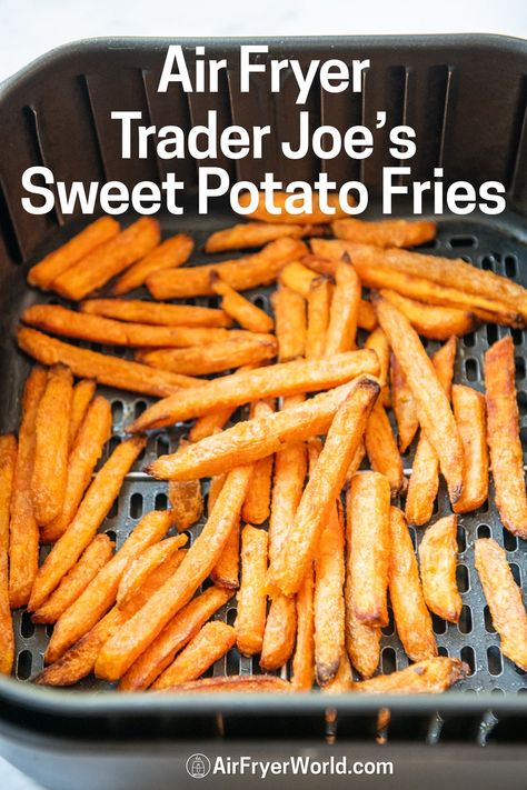 Air Fryer Trader Joe's Sweet Potato Fries FROZEN EASY | Air Fryer World Potato Fries In Air Fryer, Air Fryer Sweet Potato Fries, Frozen Sweet Potato Fries, Freeze Sweet Potatoes, Crispy Sweet Potato Fries, Sweet Potato Recipes Fries, Crispy Sweet Potato, Sweet Potato Wedges, Easy Asian Recipes