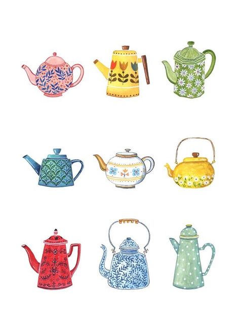 Tea Vintage Illustration, Tea Kettle Illustration, Tea Kettle Drawing, Tea Pot Drawing, Kettle Drawing, Kettle Illustration, Tea Pot Illustration, Watercolor Teapot, Teacup Illustration