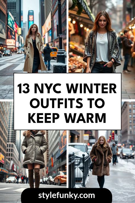 Looking for the perfect NYC winter outfits to stay both chic and cozy? These 13 stylish ensembles feature cozy layers and trendy pieces to keep you comfortable while exploring the city's winter scenery. From a stylish trench coat paired with a fitted dress and heeled ankle boots to a fashionable oversized puffer jacket with knee-high boots, discover how to mix and match for warm and stylish winter looks. Don't let the cold weather stifle your fashion sense this winter in New York City with these essential outfit ideas! Womens New York Winter Outfits, Nyc Cold Weather Outfits Winter Fashion, Detroit Winter Outfit, New York City Outfits Winter Puffer Jacket, Nyc Cold Weather Outfits Street Styles, New York Winter Night Outfit, New York Street Fashion Winter, Winter Atlanta Outfit, Cute Nyc Outfits Winter