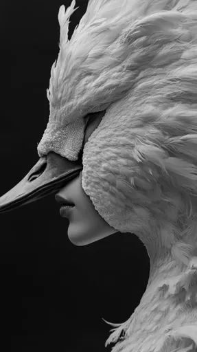 ↑↑↑ Larger size on website 🔸 A black and white photo of a woman wearing a swan mask. The mask covers her entire face and head, le White Swan Mask, Swan Mask, Side Angle, White Swan, Craft Club, White Photo, The Mask, Feathers, Craft Projects