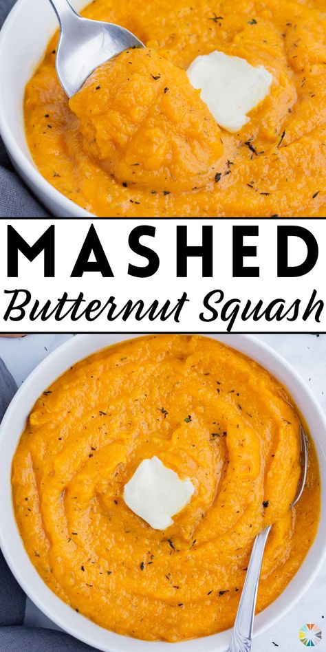 Mashed butternut squash is easy to make on busy weeknights that is packed full of flavor. Roasting this winter squash in the oven caramelizes the edges and brings out the natural sweetness. It’s then puréed with fresh herbs, garlic, and butter for a side dish worthy of a spot on the holiday table! Mashed butternut squash is a healthy alternative to classic mashed potatoes and is great for Christmas. Try this easy side recipe today! Creamed Butternut Squash, Whipped Butternut Squash, Mashed Butternut Squash Recipes, Butternut Squash Butter, Squash Mashed, Mashed Squash, Mashed Butternut Squash, Classic Mashed Potatoes, Butternut Squash Recipe