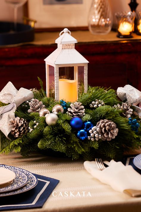 💙🤍 Embrace the beauty of blue and white this Hanukkah with Caskata. Frosted Pinecones, Fresh Wreath, Lighted Centerpieces, Fall Thanksgiving Wreaths, White Lanterns, Entertaining Gifts, Wreath Accessories, Thanksgiving Centerpieces, Led Lantern