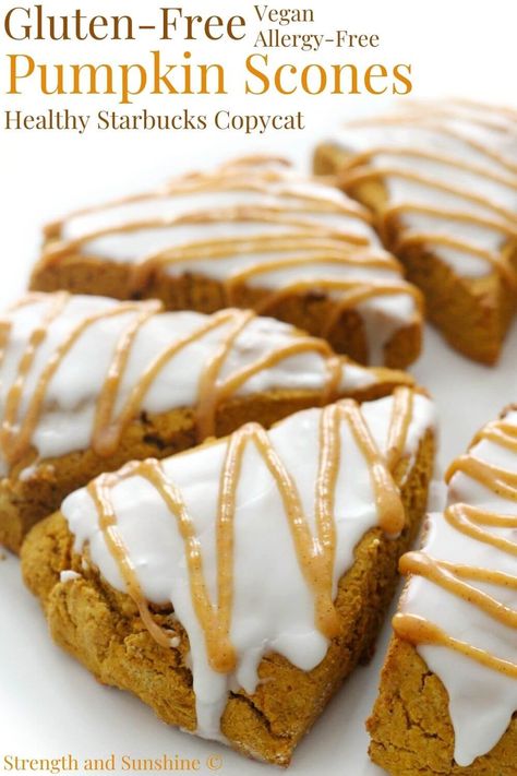 Gluten-Free Pumpkin Scones (Vegan, Allergy-Free) | Strength and Sunshine | These soft and tender Gluten-Free Pumpkin Scones are vegan, allergy-free, perfectly spiced with fall flavors, lightly topped with icing, and a maple pumpkin spice drizzle! These easy homemade scones are a healthy Starbucks copycat recipe that's packed with real pumpkin and perfect for breakfast or dessert right at home! #scones #pumpkinscones #pumpkin #starbucks #glutenfree #vegan Pumpkin Scones Healthy, Scones Vegan, Pumpkin Scones Recipe, Vegan Scones, Gluten Free Scones, Homemade Scones, Maple Pumpkin, Healthy Starbucks, Pumpkin Scones