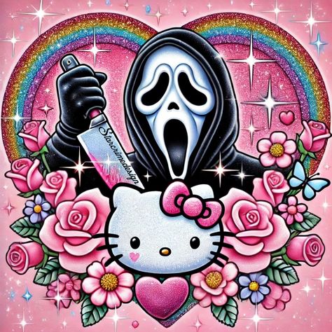 Ghostface + Hello Kitty👻✨💞💫 Unlikely duo lol AKA my 2 diametrically opposed personalities happily co-existing😆 Is this you too? ⚡️Images here made with AI + Picsart. I use whatever tools necessary to complete my creative vision. 💋 Heather . . #ScreamMovie #HorrorClassic #Ghostface #ScaryMovies #HorrorFans #glitterart #pinkaesthetic #glitteraesthetic #pinkvibes #hellokittycore Ghostface Hello Kitty, Hello Kitty Horror, Scream Movie, Bento Cake, Glitter Art, Ghost Face, Pink Vibes, Ghost Faces, Cake Images