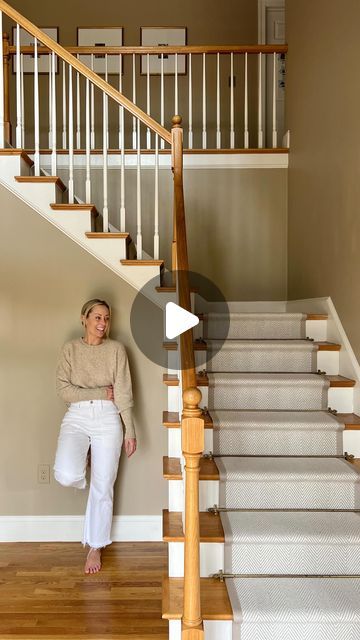 Phoebe Edmondson on Instagram: "New stair runner… 🤍  Here’s all the details on our new stair runner; we partnered with @thecarpetworkroom for this classic timeless look, the herringbone pattern was the perfect choice for us. I couldn’t be happier with the finished result.   - Peter Island Beige (100% wool) - Binding with 3” cotton using blind stitch 1” Face Reveal - Color: NC Executive EOatmeal - Hollywood Installation   Brass stair rods: original to home & purely for decoration   •Waterfall v Hollywood Installation•  The Waterfall installation method: the carpet flows down each step, creating a waterfall effect. The carpet goes straight down the riser to the next step/tread, without being secured to the riser. It’s a more casual style.  The Hollywood installation: the carpet wraps tightl Step Treads, Stair Rods, Console Styling, Tan Rug, Foyer Decor, Blind Stitch, Face Reveal, Stair Runner, April Showers