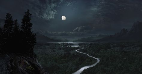 night river ~ fantasy landscape Landscape Night Photography, Strange Artwork, Spooky Landscape, Cross Academy, Gothic Landscape, Moon Forest, Mac Backgrounds, Night Landscape Photography, Moody Landscape