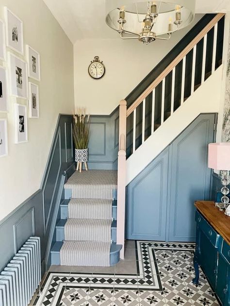 Blue Woodwork Hallway, Blue Stair Panelling, Blue Panelling Hallway, Navy Blue Staircase, Teal Staircase, Stairwell Paneling, Blue Bannister, Colourful Stairs, Blue Hallway Ideas