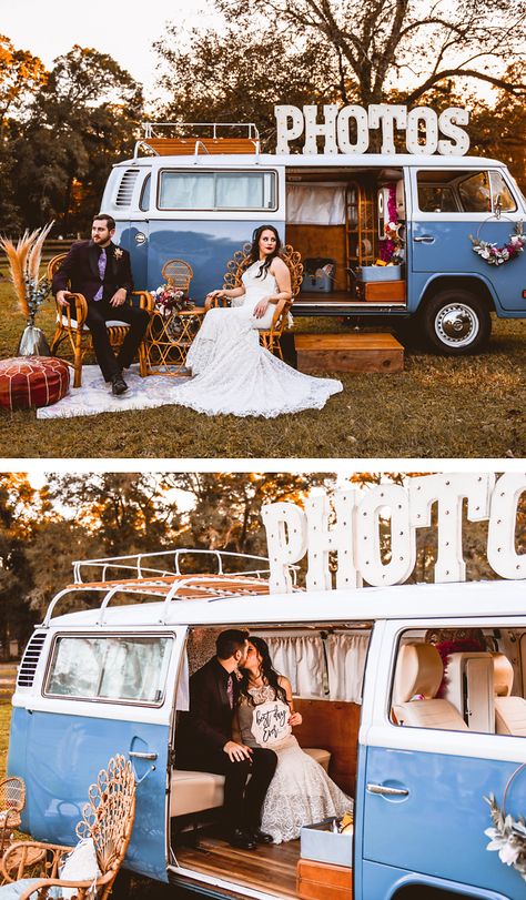 Best Photo Booth Ideas, Boho Photo Booth, Bus Photo Booth, Wedding Bus Decorations, Diy Vw Van Photo Booth, Vw Bus Photo Booth, Wedding Vw Bus, Vintage Car Photobooth, Vw Bus Wedding