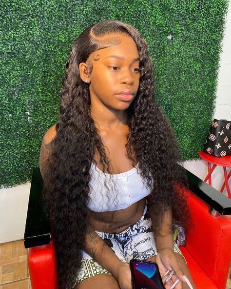 Deep Wave Install, Deep Wave Leave Out Sew In, Side Part Curly Hair Black Women, Deep Wave Hairstyles For Black Women, Deep Wave Wig Hairstyles, Deep Wave Wig Styles, French Braid Crown, French Braid Hairstyle, Cute Weave Hairstyles