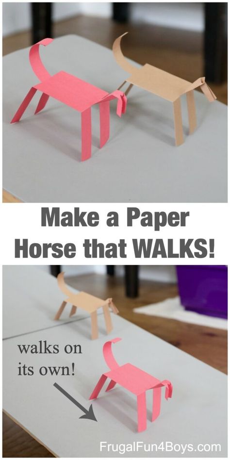 Make a Paper Horse that WALKS! - Frugal Fun For Boys and Girls Arts And Craft Activities For Middle School, Paper Horse That Walks, Walking Paper Horse Craft, Walking Horse Craft, Walking Paper Animal, Stem With Paper, Stem Paper Challenge, Video Game Stem Activities, Quick And Easy Stem Activities