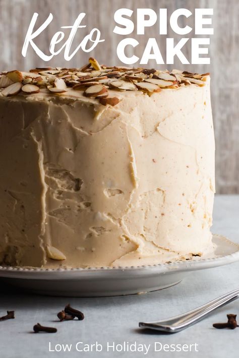 Keto Spice Cake Recipe - This gluten free cake has all the flavors of Fall put in one cake. Cinnamon, cloves, nutmeg, cardamon, allspice - are heated in butter to develop their flavor then infused into the batter and frosting of this low carb cake. This is a keto cake you can serve over the holidays that will disappear fast! www.ketofocus.com #ketocakerecipe #ketothanksgivingdessert #ketochristmasdessert #ketodessertrecipe Sugar Free Spice Cake, Keto Spice Cake Recipes, Keto Cinnamon Cake Recipes, Spice Cake Gluten Free, Keto Pumpkin Spice Cake Recipes, Keto Spice Cake, Keto Cake Recipes, Low Carb Holiday Desserts, Spice Cake Recipe