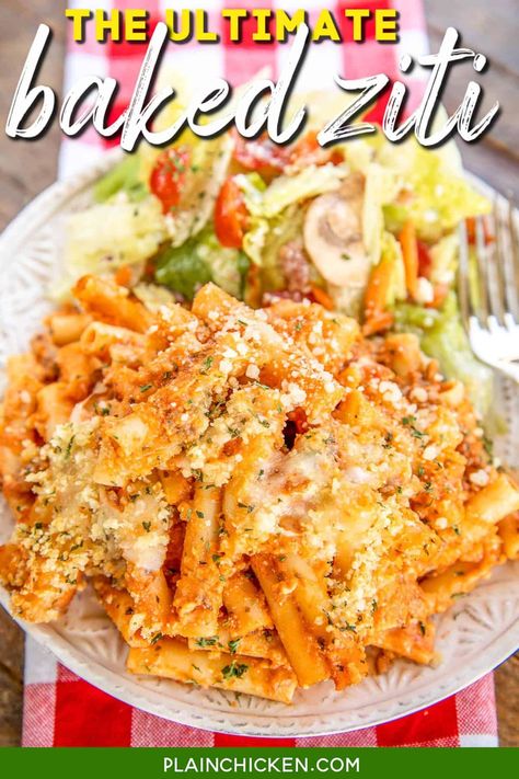 The ULTIMATE Baked Ziti - copycat Olive Garden Baked Ziti Al Forno. SUPER easy to make and tastes AMAZING! Ziti pasta, Italian sausage, spaghetti sauce, Alfredo sauce, mozzarella, provolone, ricotta, parmesan, panko bread crumbs, garlic, and olive oil. Can make in advance and refrigerate or freeze for later. Hands down the best pasta casserole we've ever eaten! #pasta #casserole #olivegarden #bakedziti #freezermeal Ziti Al Forno, Baked Ziti With Ricotta, Italian Dressing Recipes, Copycat Olive Garden, Slow Cooker Spaghetti, Slow Cooker Baking, Slow Cooker Casserole, Ziti Pasta, Ziti Recipes