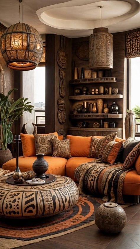 Ghanaian Interior Design, African Style Living Room, Afrocentric Living Room, Afrohemian Decor, African Decor Living Room, African Living Rooms, African Room, Afro Boho, Afro Bohemian