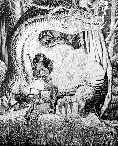 Huge #dragon and female warrior Arthur Adams, Black And White Artwork, Bd Comics, Pulp Art, Black White Art, Arte Fantasy, 판타지 아트, Comic Book Artists, Fantastic Art