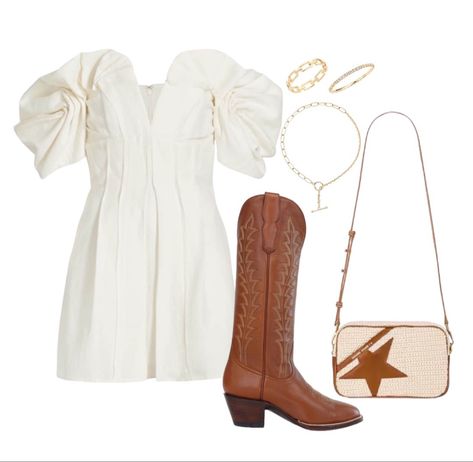 White Denim Bachelorette Outfit, Cowboy Boots White Dress, White Dress With Boots, Outfit Inspo Country, Morgan Wallen Concert Outfit, Cowboy Boots White, Lsu Gameday, Stagecoach Outfit, Morgan Wallen Concert