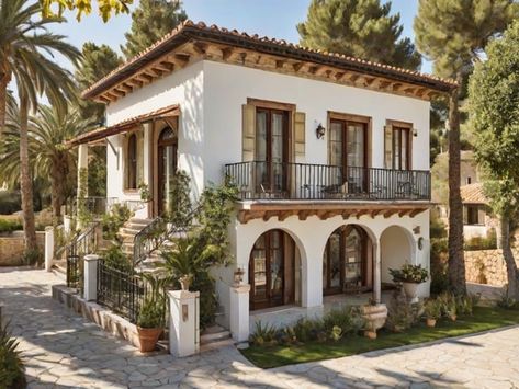 Mediterranean House with Garden and Stairs - Design Ideas AI Mediterranean Apartment Exterior, Spanish Mediterranean Homes Exterior, Mediterranean House Interior Design, Medditeranean Style Home, Spanish Villa Home, Mediterranean Cottage, Mediterranean Revival Architecture, House With A Garden, Spanish Mediterranean Homes