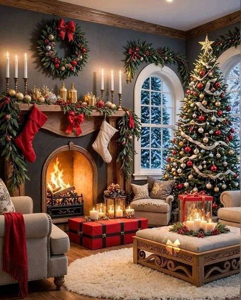 Luxury Christmas Decor, Christmas Fireplace Decor, Christmas Scenery, Christmas Decor Inspiration, Christmas Mantel Decorations, Cosy Christmas, Christmas Decorations Living Room, Christmas Interiors, Christmas Living Rooms