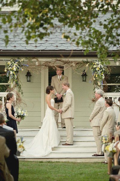 Front Yard Wedding Ceremony, Front Porch Wedding Decorations, Front Porch Wedding Ceremony, Porch Wedding Ceremony, Front Porch Wedding, Porch Wedding, Rustic Ceremony, Backyard Ceremony, Saddle Club