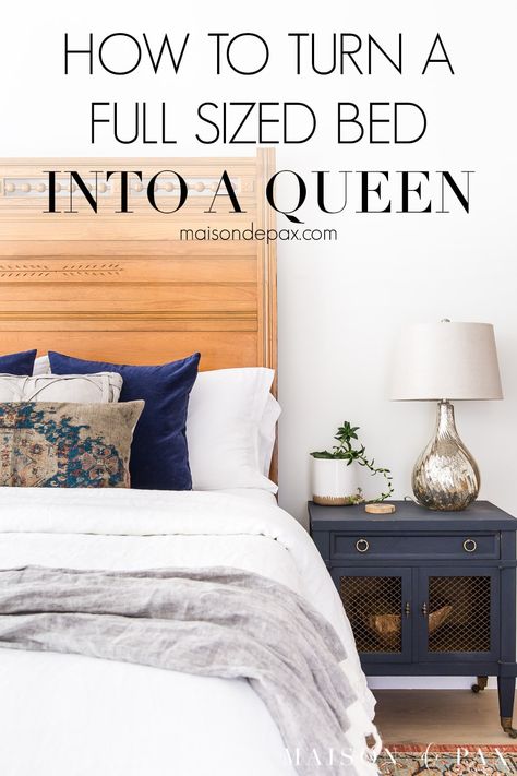 Love antique headboards? Find out how to convert a full sized headboard into a queen sized bed! #diyproject #antiquefurniture #queenbed Bed Frame Legs, Antique Headboard, Queen Sized Bed, Full Size Headboard, Decoration Pictures, Full Headboard, Full Bed Frame, Queen Size Bed Frames, Queen Bed Frame