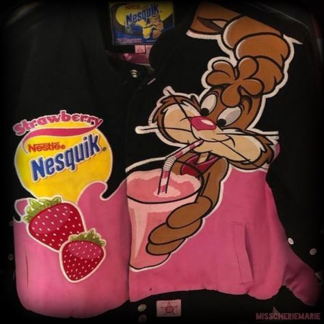 Nestle Nesquik Strawberry Pink & Black Racer Jacket / Bomber Jacket / Varsity Jacket Nesquik Strawberry, Strawberry Jacket, Black Racer Jacket, Strawberry Nesquik, Jacket Varsity, Black Racer, Strawberry Pink, Racer Jacket, Fall Jackets