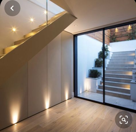 Lightwell Basement, Basement Lightwell, Uplighting Interior, Minimalist Basement, Remodel Townhouse, Basement Extension, Townhouse Basement, Basement Window Well, Stairs Lighting