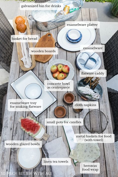 Eco-Friendly Outdoor Entertaining Essentials - So Much Better With Age Outdoor Place Settings, Outdoor Table Scape, Outdoor Serveware, Patio Essentials, Hiking Recipes, Backyard Entertainment, Tablescapes Summer, Outdoor Plates, Patio Floor