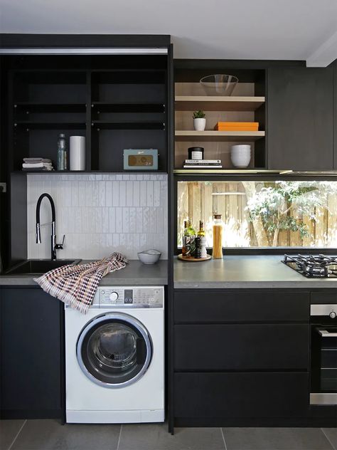 6 Ways to Make a Washer and Dryer in Your Kitchen Look Like It Belongs Summer Hill, White Laundry, Laundry Room Cabinets, Washing Machine In Kitchen, Kitchen Counter Decor, White Appliances, Counter Decor, Kitchen Designs Layout, Feeling Inspired