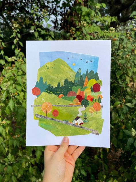 Collage Landscape, 8x10 Prints, Fall Landscape, Collage Art Projects, Paper Collage Art, Collage Illustration, Kirigami, Autumn Landscape, Mix Media