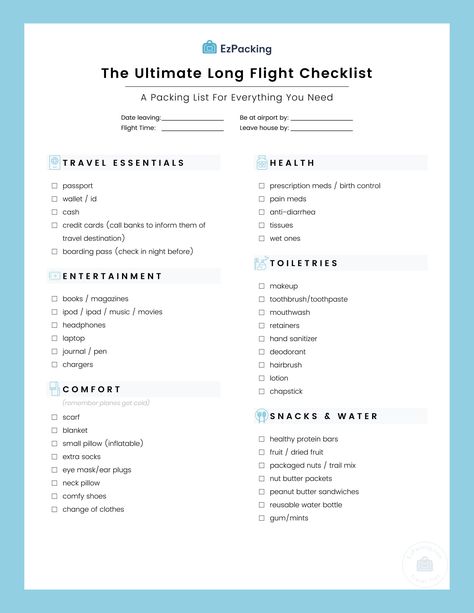 Are you looking for a perfect ultimate long flight checklist? Click this post to download your FREE checklist and learn tips on how to pack. 9 Hour Flight Essentials, Plane Essentials, Flight Checklist, Long Haul Flight Essentials, Long Flight Tips, Flight Tips, Travel Packing Essentials, International Travel Essentials, Wedding Hacks