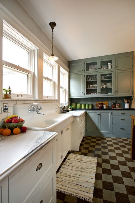 Modern Kitchen with 1920s look - Traditional - Kitchen - Minneapolis - by Apex Construction Management 1920 Kitchen Design, 1920’s Kitchen, 1920s Kitchen Remodel, Heidi Caillier Design, 1920 Kitchen, Sage Green Cabinets, Terra Cotta Floor Tile, 1920s Kitchen, Unfitted Kitchen