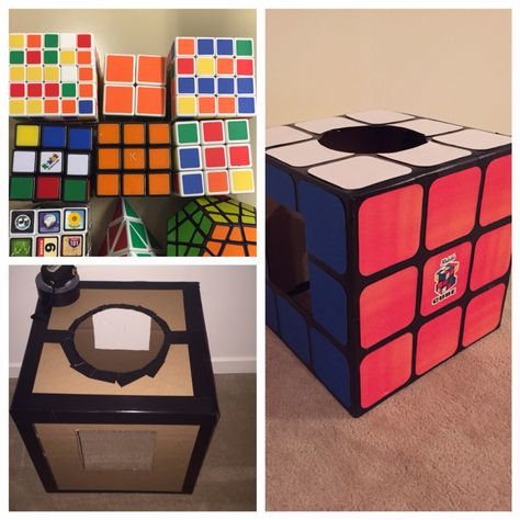 DIY Rubik's cube costume...black duct tape, colored cardstock, 18x18 shipping box and hot glue Runic Cube Costume, Diy Rubiks Cube Costume, Rubiks Cube Halloween Costume, Rubies Cube Costume, Rubik’s Cube Costume, Diy Board Game Costumes, Rubiks Cube Costume, Halloween Yard Decorations Diy, Box Costumes