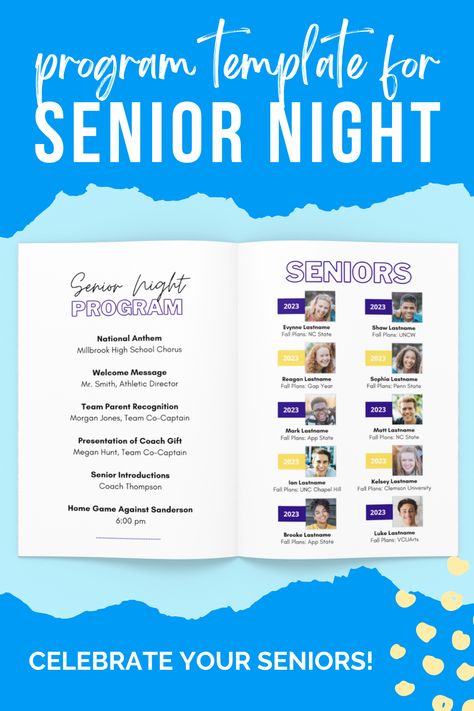 mockup of program template for senior night Senior Night Questionnaire, College Printables, Fall Planning, App State, College Visit, Planning App, Senior Year Of High School, Event Program, Team Mom