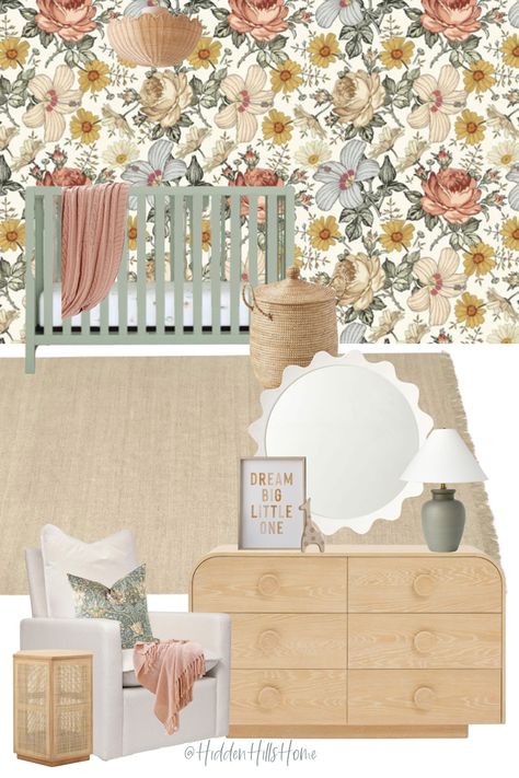 Cute nursery decor mood board with floral wallpaper! This nursery is bright and colorful! Baby Girl Nursery Yellow And Pink, Green And Floral Nursery, Pink And Green Nursery Girl, Sage Green And Blush Nursery, Sage And Pink Nursery, Green And Pink Nursery, Nursery Moodboard, Green Girls Rooms, Pink And Green Nursery