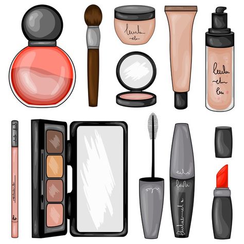 Conjunto de cosméticos de maquillaje. es... | Premium Vector #Freepik #vector #mujer #dibujos-animados #belleza #cepillo Make Up Cartoon, Bff Books, Paper Makeup, Makeup Stickers, Hello Kitty Crafts, Paper Dolls Diy, Body Base Drawing, Pink High Heels, Doll Makeup